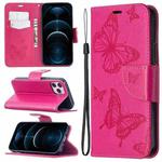 For iPhone 12 Pro Max Embossing Two Butterflies Pattern Horizontal Flip PU Leather Case with Holder & Card Slot & Wallet & Lanyard(Rose Red)