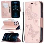 For iPhone 12 Pro Max Embossing Two Butterflies Pattern Horizontal Flip PU Leather Case with Holder & Card Slot & Wallet & Lanyard(Rose Gold)