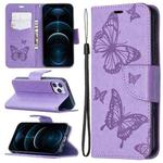 For iPhone 12 Pro Max Embossing Two Butterflies Pattern Horizontal Flip PU Leather Case with Holder & Card Slot & Wallet & Lanyard(Purple)