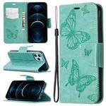 For iPhone 12 Pro Max Embossing Two Butterflies Pattern Horizontal Flip PU Leather Case with Holder & Card Slot & Wallet & Lanyard(Green)