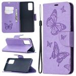 For Samsung Galaxy Note20 Embossing Two Butterflies Pattern Horizontal Flip PU Leather Case with Holder & Card Slot & Wallet & Lanyard(Purple)