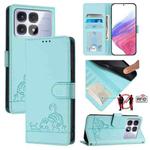 For Redmi K70 Ultra 5G Global Cat Rat Embossed Pattern RFID Leather Phone Case with Lanyard(Mint Green)