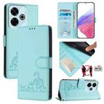 For Redmi 13 4G Cat Rat Embossed Pattern RFID Leather Phone Case with Lanyard(Mint Green)