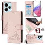 For Redmi 13 4G Cat Rat Embossed Pattern RFID Leather Phone Case with Lanyard(Pink)