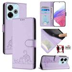 For Redmi 13 4G Cat Rat Embossed Pattern RFID Leather Phone Case with Lanyard(Purple)