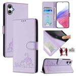 For Samsung Galaxy A07 4G Cat Rat Embossed Pattern RFID Leather Phone Case with Lanyard(Purple)