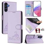 For Samsung Galaxy A17 5G Cat Rat Embossed Pattern RFID Leather Phone Case with Lanyard(Purple)
