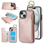 For iPhone 15 Plus RFlD Anti-theft Double Buckle Ring Zipper Card Phone Case(Rose Gold)