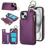 For iPhone 15 Plus RFlD Anti-theft Double Buckle Ring Zipper Card Phone Case(Dark Purple)