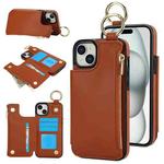 For iPhone 15 Plus RFlD Anti-theft Double Buckle Ring Zipper Card Phone Case(Brown)