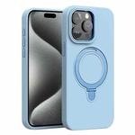 For iPhone 15 Pro Max Liquid Silicone MagSafe Metal Ring Holder Phone Case(Light Blue)