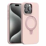 For iPhone 15 Pro Liquid Silicone MagSafe Metal Ring Holder Phone Case(Sand Pink)