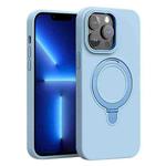 For iPhone 13 Pro Liquid Silicone MagSafe Metal Ring Holder Phone Case(Light Blue)