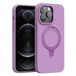 For iPhone 12 Pro Liquid Silicone MagSafe Metal Ring Holder Phone Case(Purple)