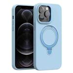 For iPhone 12 Pro Liquid Silicone MagSafe Metal Ring Holder Phone Case(Light Blue)