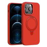 For iPhone 12 Pro Max Liquid Silicone MagSafe Metal Ring Holder Phone Case(Red)