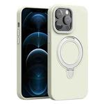 For iPhone 12 Pro Max Liquid Silicone MagSafe Metal Ring Holder Phone Case(White)