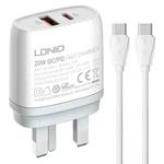 LDNIO Q229 QC3.0 / PD20W USB + Type-C Fast Charger with 1m Type-C to Type-C Cable, Plug Type:UK Plug(White)