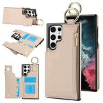 For Samsung Galaxy S22 Ultra 5G RFlD Anti-theft Double Buckle Ring Zipper Card Phone Case(White)