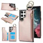 For Samsung Galaxy S22 Ultra 5G RFlD Anti-theft Double Buckle Ring Zipper Card Phone Case(Rose Gold)