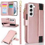 For Samsung Galaxy S21 FE 5G Wristband Holder Zipper Purse RFID Leather Phone Case(Rose Gold)