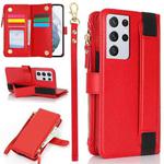 For Samsung Galaxy S21 Ultra 5G Wristband Holder Zipper Purse RFID Leather Phone Case(Red)