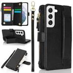 For Samsung Galaxy S22 5G Wristband Holder Zipper Purse RFID Leather Phone Case(Black)