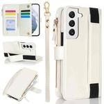 For Samsung Galaxy S22 5G Wristband Holder Zipper Purse RFID Leather Phone Case(White)