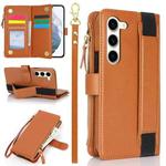 For Samsung Galaxy S23 5G Wristband Holder Zipper Purse RFID Leather Phone Case(Brown)