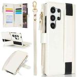 For Samsung Galaxy S24 Ultra 5G Wristband Holder Zipper Purse RFID Leather Phone Case(White)