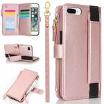 For iPhone 8 Plus / 7 Plus Wristband Holder Zipper Purse RFID Leather Phone Case(Rose Gold)