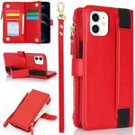 For iPhone 11 Wristband Holder Zipper Purse RFID Leather Phone Case(Red)