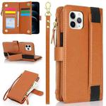 For iPhone 11 Pro Wristband Holder Zipper Purse RFID Leather Phone Case(Brown)