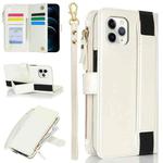 For iPhone 11 Pro Max Wristband Holder Zipper Purse RFID Leather Phone Case(White)