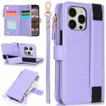 For iPhone 12 / 12 Pro Wristband Holder Zipper Purse RFID Leather Phone Case(Purple)