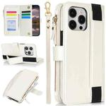 For iPhone 12 / 12 Pro Wristband Holder Zipper Purse RFID Leather Phone Case(White)