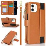 For iPhone 12 mini Wristband Holder Zipper Purse RFID Leather Phone Case(Brown)