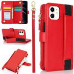 For iPhone 12 mini Wristband Holder Zipper Purse RFID Leather Phone Case(Red)