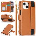 For iPhone 13 mini Wristband Holder Zipper Purse RFID Leather Phone Case(Brown)