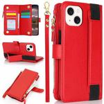 For iPhone 13 mini Wristband Holder Zipper Purse RFID Leather Phone Case(Red)