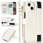 For iPhone 14 / 13 Wristband Holder Zipper Purse RFID Leather Phone Case(White)