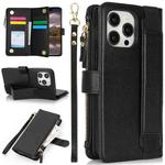 For iPhone 13 Pro Wristband Holder Zipper Purse RFID Leather Phone Case(Black)