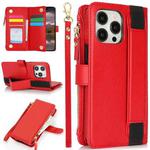 For iPhone 13 Pro Wristband Holder Zipper Purse RFID Leather Phone Case(Red)