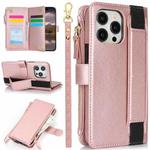 For iPhone 13 Pro Wristband Holder Zipper Purse RFID Leather Phone Case(Rose Gold)