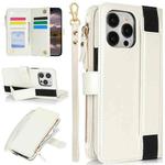 For iPhone 14 Pro Wristband Holder Zipper Purse RFID Leather Phone Case(White)