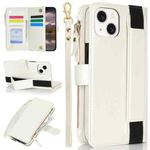 For iPhone 15 Plus Wristband Holder Zipper Purse RFID Leather Phone Case(White)