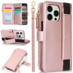 For iPhone 15 Pro Wristband Holder Zipper Purse RFID Leather Phone Case(Rose Gold)