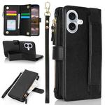 For iPhone 16 Wristband Holder Zipper Purse RFID Leather Phone Case(Black)