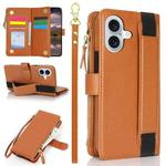 For iPhone 16 Wristband Holder Zipper Purse RFID Leather Phone Case(Brown)