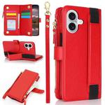 For iPhone 16 Wristband Holder Zipper Purse RFID Leather Phone Case(Red)